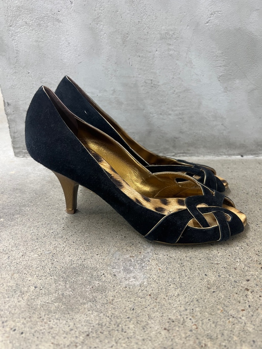 Roberto Cavalli Black Suede Peep-Toe Heels with Gold Interior